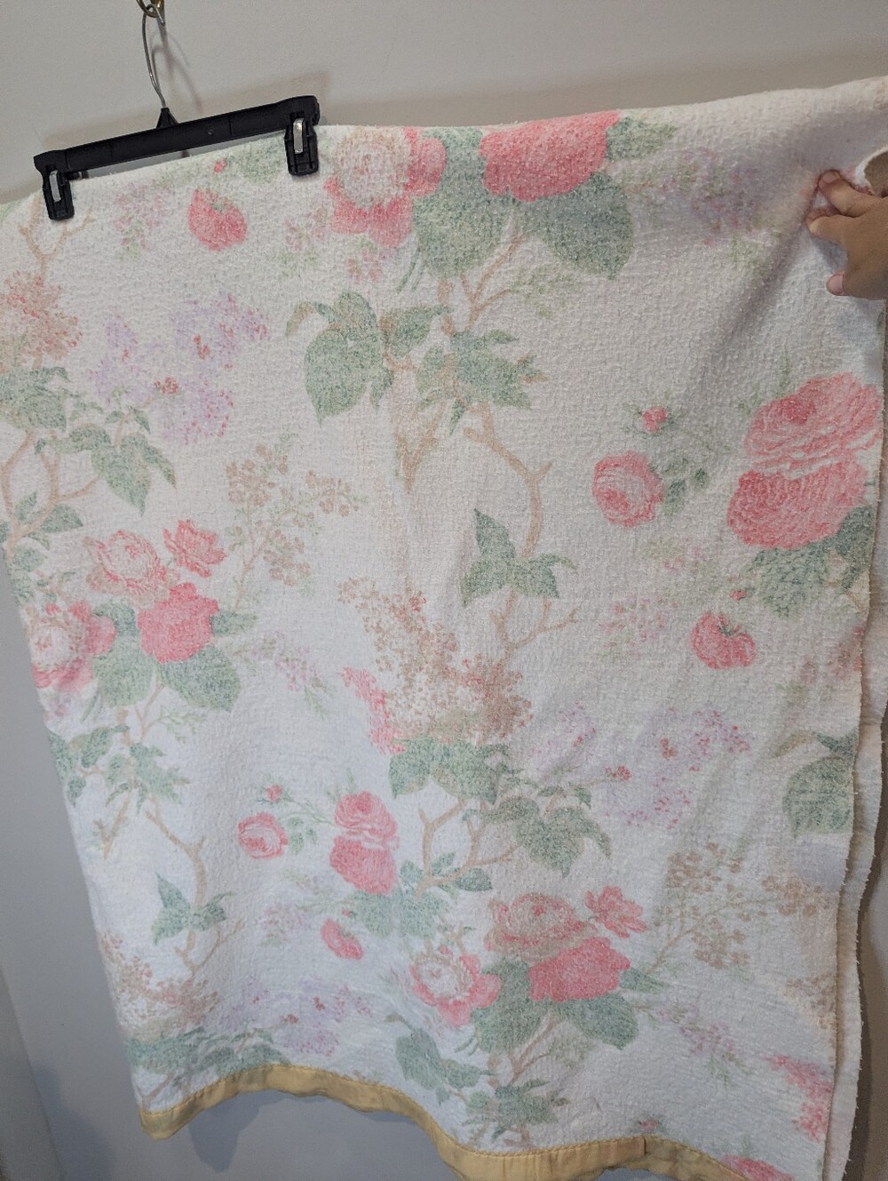 Vintage Wool Floral Blanket With Yellow Satin Trim Twin Size